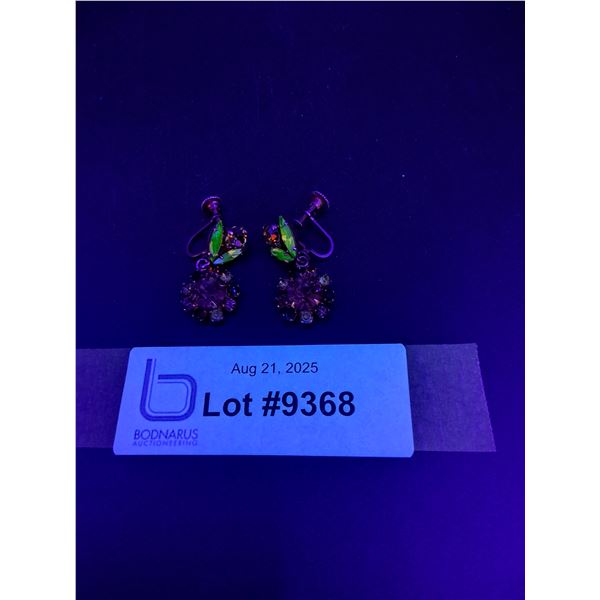 Vintage Floral Patterned Uranium & Colored Jeweled Clip-On Earring Jewelry - 1.5" Long