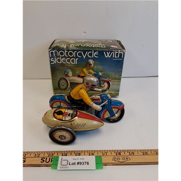 Vintage Wind-Up Tin Motorcycle w/Sidecar Made by Clockwork (Comes w/Box)