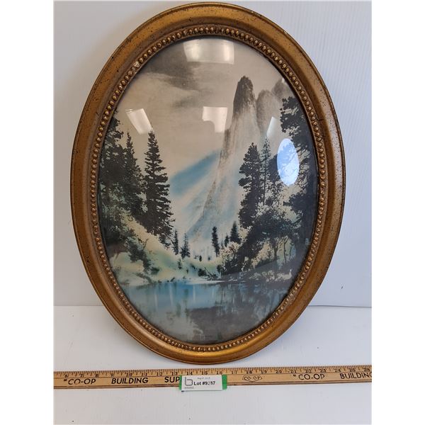 Vintage Curved Glass Hand Painted Mountain Scene Picture - 16" x 22"