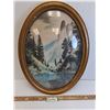 Image 1 : Vintage Curved Glass Hand Painted Mountain Scene Picture - 16" x 22"