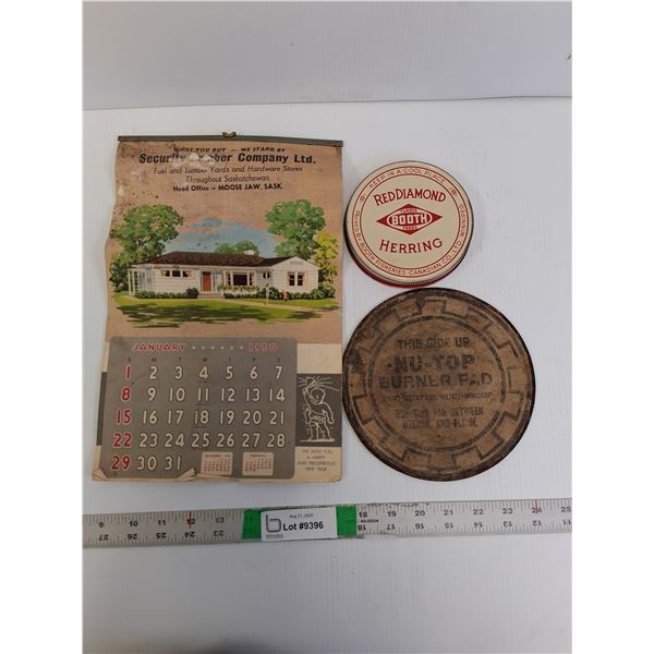 Vintage Nu-Top Burner Pad, Security Lumber Company 1950 Calendar 13.25" Long & Red Diamond Herring L