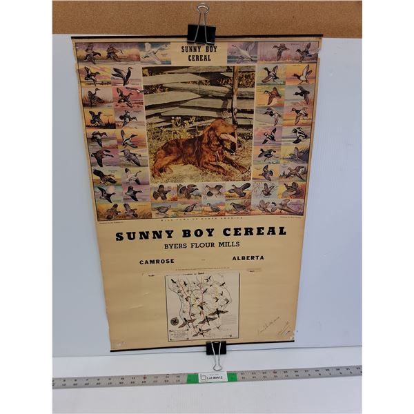 Vintage Sunny Boy Cereal Poster with Wild Fowl Map 27.5" x 18"