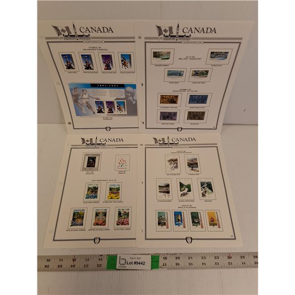 (4) Pages of 1990s Uncirculated Canadian Collector Stamps- Basketball, Misc.