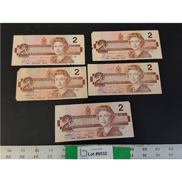 (5) 1986 Canadian Two Dollar Bills