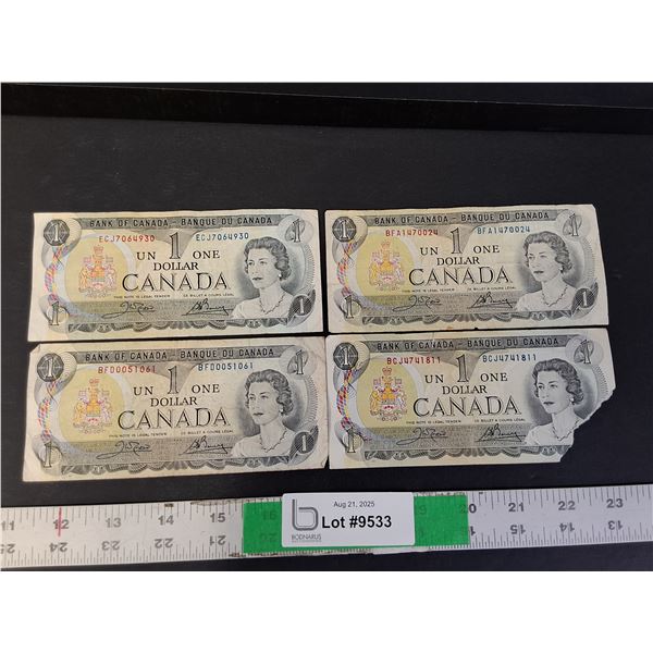 (4) Canadian One Dollar Bills- 1973, Some Wear