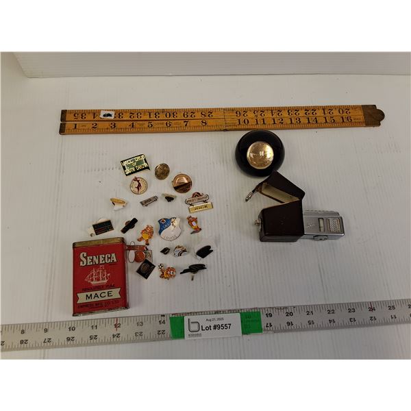 Canadian Loonie Paperweight, Vintage Ruler, Various Pins, Misc.