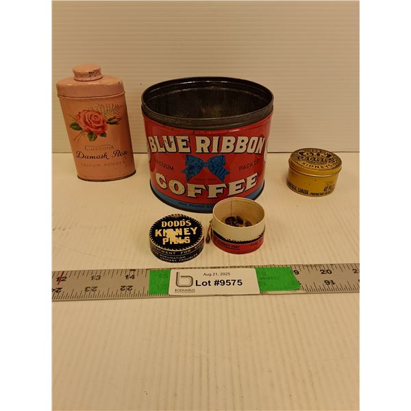 (3) Vintage Tins Up to 3.75" Tall- Blue Ribbon Coffee, Gin Pills, Damask Rose Talcum Powder