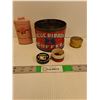 Image 1 : (3) Vintage Tins Up to 3.75" Tall- Blue Ribbon Coffee, Gin Pills, Damask Rose Talcum Powder
