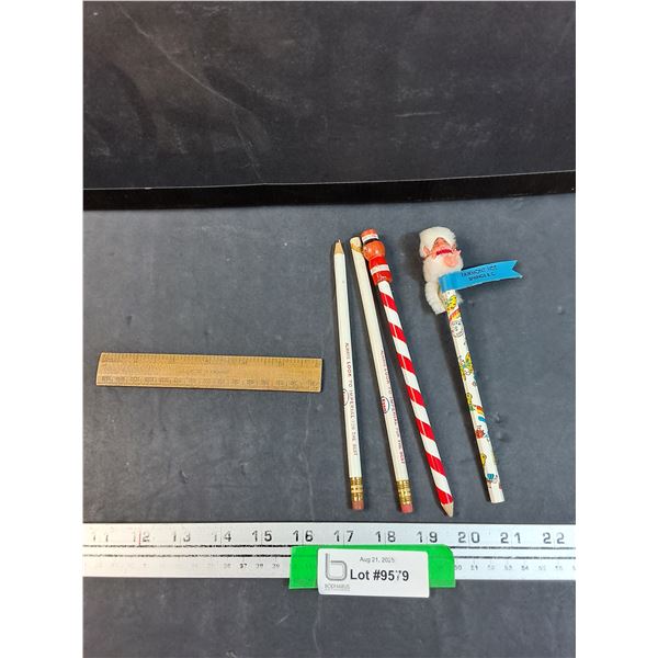 (4) Vintage Pencils (Esso, Nutcracker, Elf) & 6" Vintage Ruler Made in England