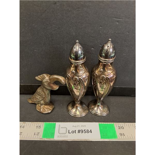 Leaded Silver Plated Salt & Pepper Shakers & Metal Parrot Bottle Opener