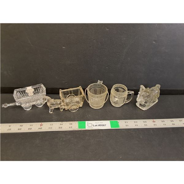 Glass Figurine Lot Up to 3.25" Tall- (2) Wagons, Yorkshire Terrier, (2) Barrels