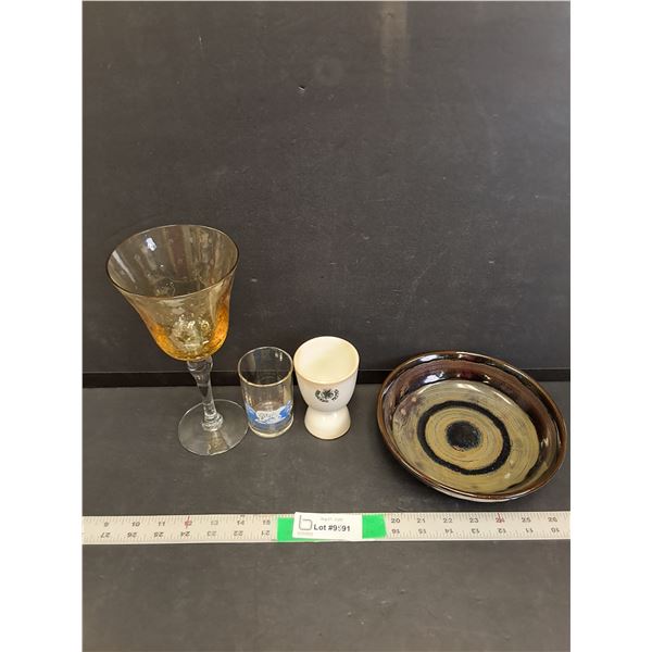 Ceramic Bowl 7.5", Wine Glass 9" Tall, (2) Souvenir Glasses