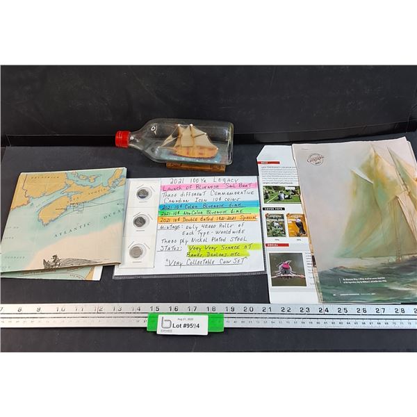 Canadian Bluenose Sailboat in Bottle & Centennial Dimes & Canadian Geographic Bluenose Pages