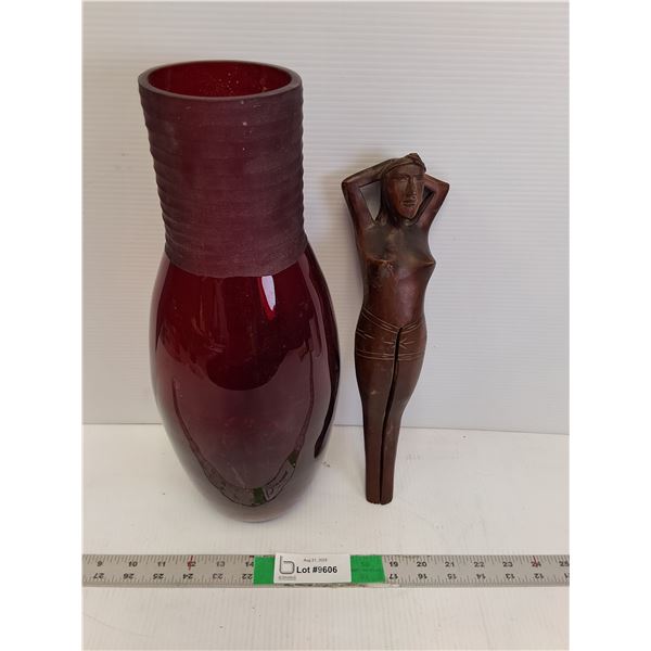 Wooden Nutcracker & Red Glass Vase 15" Tall
