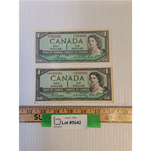 (2) Canadian 1954 One Dollar Bills