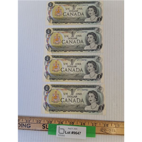 ^(4) Canadian One Dollar Bills (Sequential Series of Numbers) - 1973