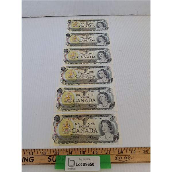 ^(6) Canadian One Dollar Bills (Sequential Series of Numbers) - 1973