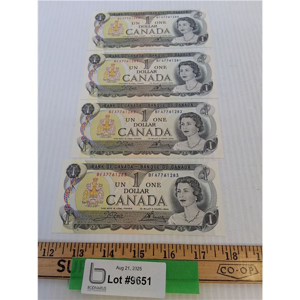 ^(4) Canadian One Dollar Bills (Sequential Series of Numbers) - 1973