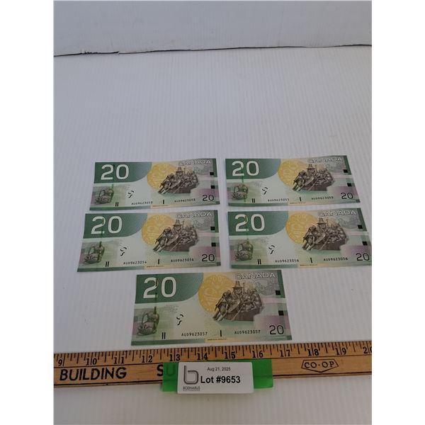 ^(5) Canadian Twenty Dollar Bills (Sequential Order) - Issued 2004, Printed 2010 - Uncirculated