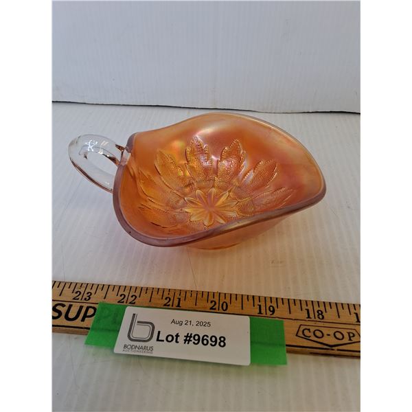 Vintage Carnival Glass Leaf Rays Patterned Handled Bowl - 5.5" x 2.5"