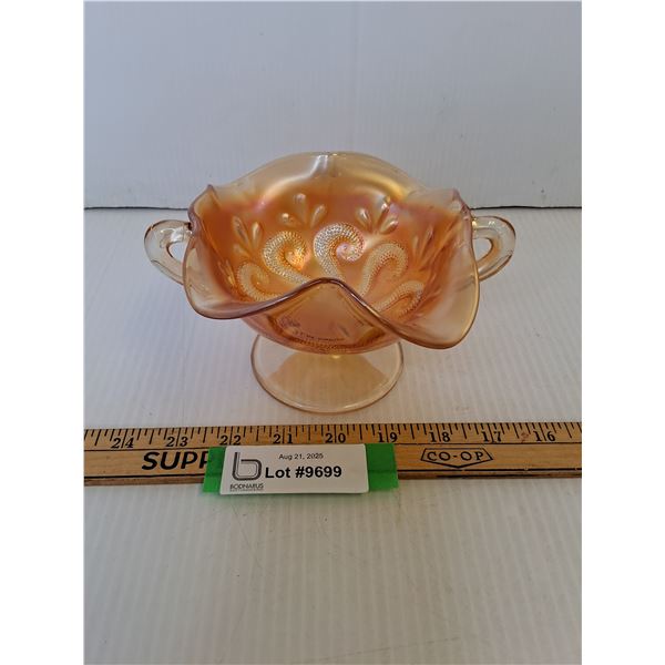 Vintage Carnival Glass Marigold Question Mark Pattern Two Handled Bowl - 7" x 4"