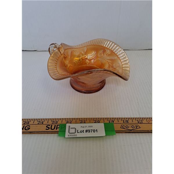 Vintage Dugan Windflower Marigold Carnival Glass Handled Bowl - 7.5" x 3.5"