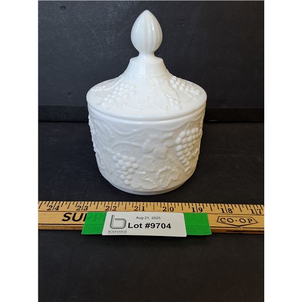 Vintage Imperial Brand Milk Glass Grape Vine Pattern Lidded Candy Dish - 6" x 5"