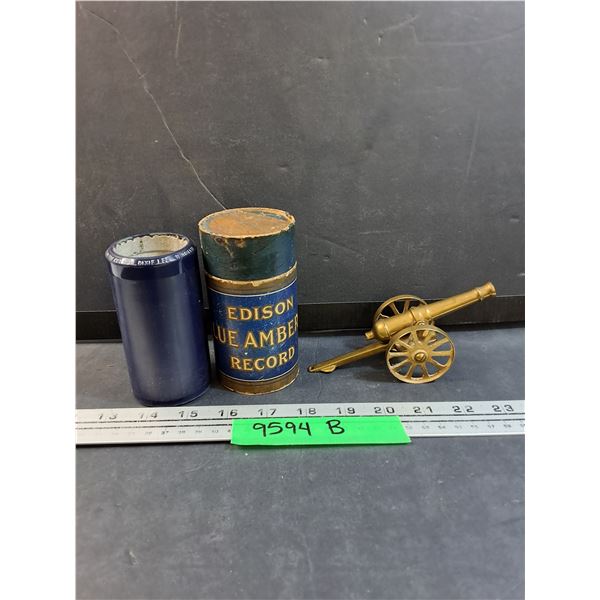 Brass Pated Cannon Paper Weight & Edison Blue Amber Record w/Case