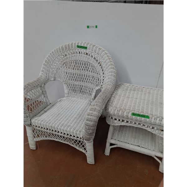 *White Wicker Arm Chair and Side Table-Cannot Ship