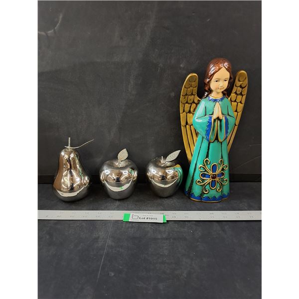(3) Glass Chrome Fruit Decor & Wood Angel Decor
