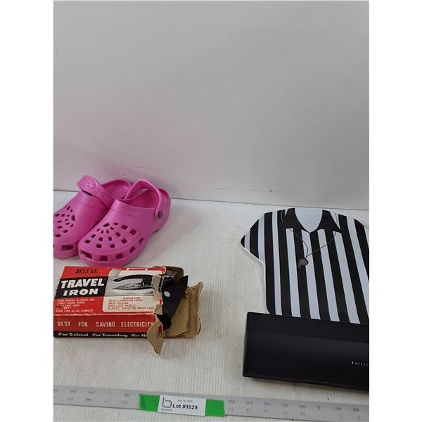 Pink Dawgs Shoe(Girls Size 5), Vintage Travelling Iron, Shirt Shaped Plate & Electric Razor