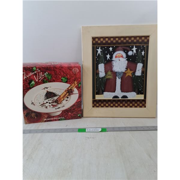 Christmas Picture Decoration & Fine Porcelain Footed Cake Plate