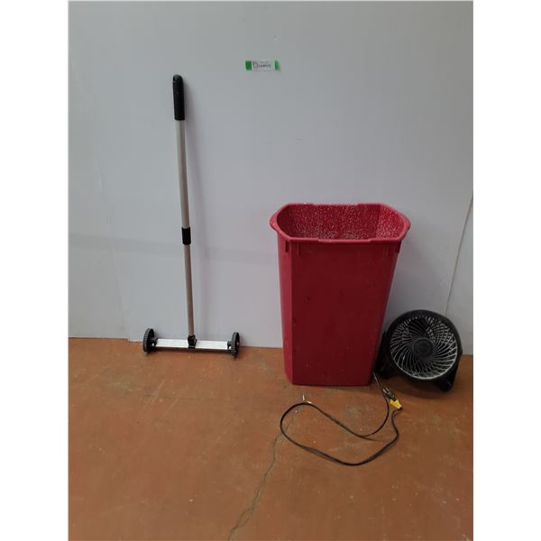 *Honeywell Fan(Powers On), Magnetic Clean Sweep & Red Garage Can & Brown Shelf- CANNOT SHIP