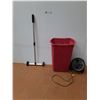 Image 1 : *Honeywell Fan(Powers On), Magnetic Clean Sweep & Red Garage Can & Brown Shelf- CANNOT SHIP