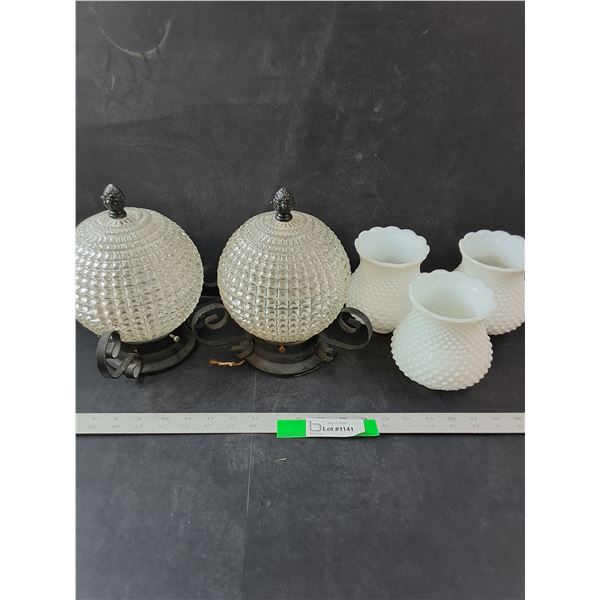 (3) Milk Glass Lamp Globes with Scalloped Rims & (2) Globe Light
