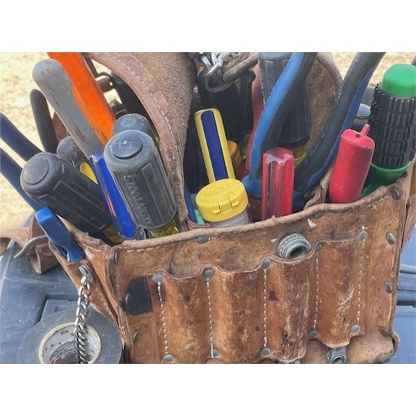 Klein Leather Tool Pouch with Assorted Electrical Tools (Screw Drivers, Pliers, Tape)