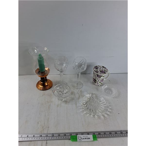 Candle Holder, (2) Crystal Glasses, Candy Dish, Misc