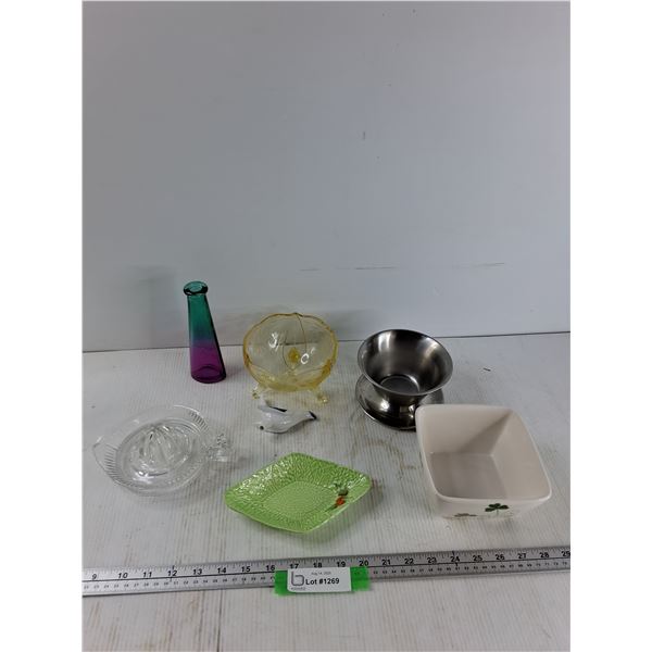Glass Juicer, (2) Bowls, Diamond Dish, Misc