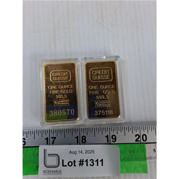 (2) Credit Suisse 1 Ounce Replica Gold Bar - As Is CANNOT AUTHENTICATE