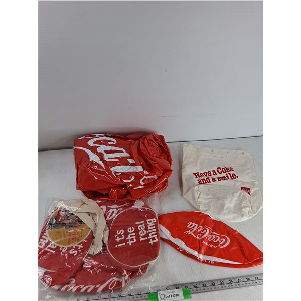 (2) Coca-Cola Inflatable Balls, Inflatable Ice Bucket,Coca-Cola Carry Bucket - As Is