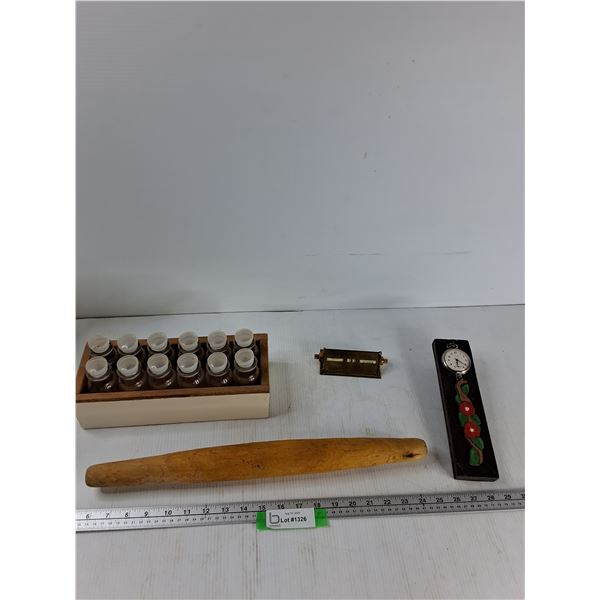 (12) Jars With Holder, Rolling Pin, Clock, Misc