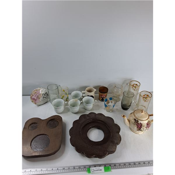 (4) Tea Cups, Wooden Tray, Tea Pot, Misc