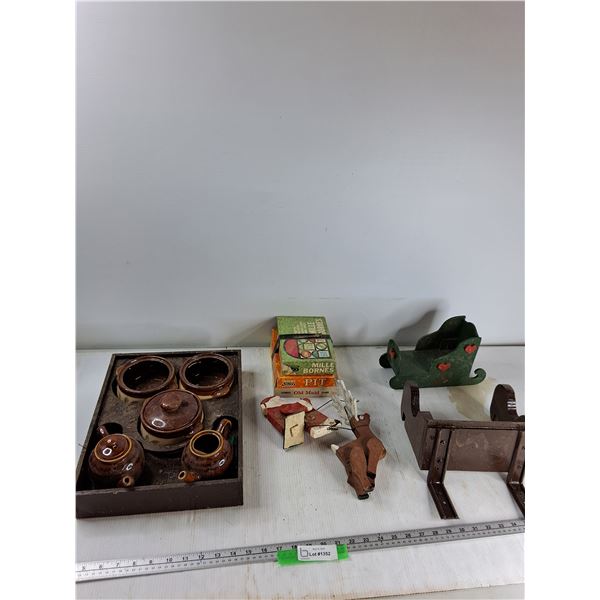 (3) Games, Santa Sleigh Decorations, Wooden Box With Tea Set - As Is CANNOT SHIP