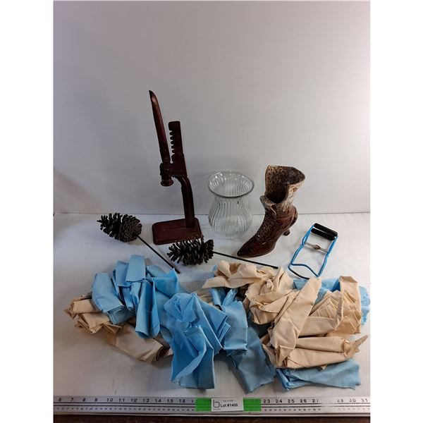 Bottle Capper, (2) Vases, Decorative Pine Cones, Jar Lifter and Scrap Fabric