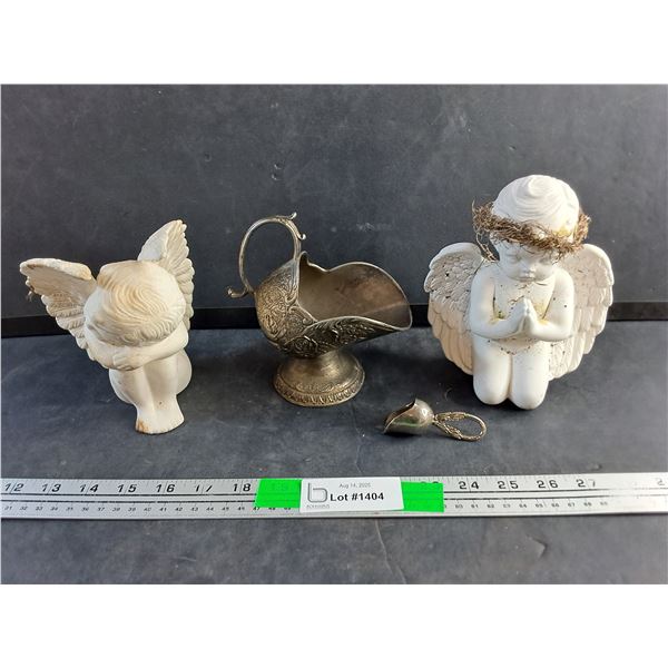 (2) Ceramic Angel Decorations and Silver Plated Dish & Spoon