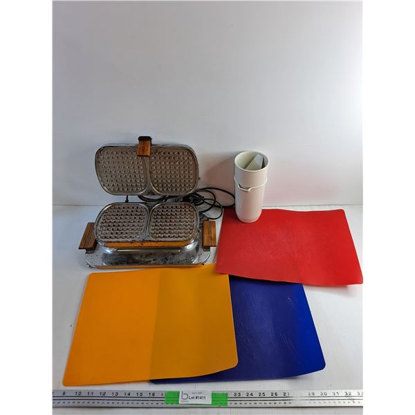 Vintage Waffle Maker - Powers On, As Is, (3) Plastic Cutting Boards and Strainer Cup