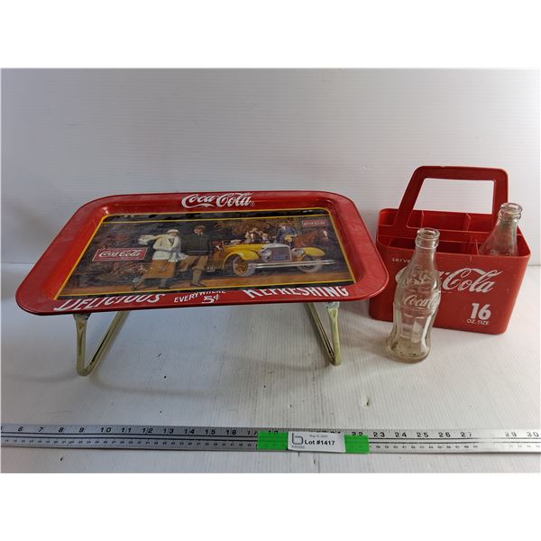 Coca Cola TV Tray 17" x 12", Coca Coca Bottle Caddy and (2) Glass Bottles