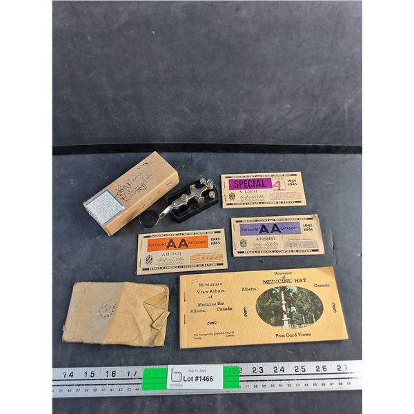 Vintage Telegraph Key, Gasoline Ration Coupons, Medicine Hat Post Card View