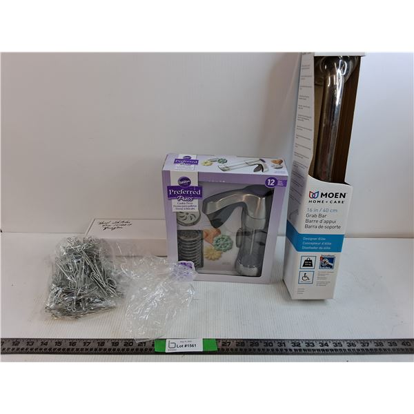 Assorted Gadget Lot - Hand Sticher/Sewing Machine, Fill up Cookie Press, Grab Bar, Drapery Hooks/Pin