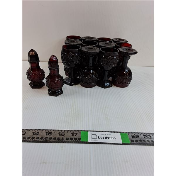 Vintage Avon Cape Cod Ruby Red (12)Glass Goblets and (2)Salt Pepper Shakers -